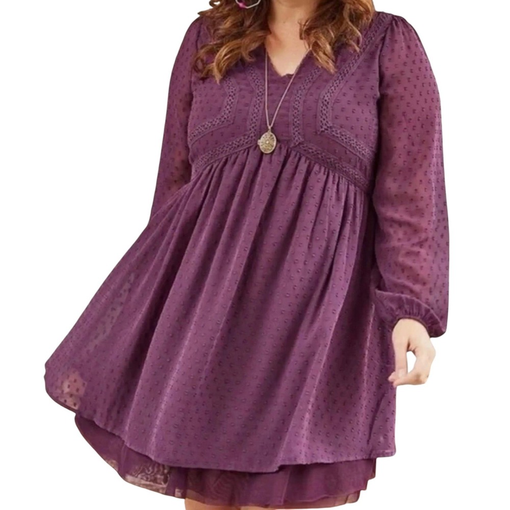 Matilda Jane Swiss Dot Babydoll Dress Purple Crochet Lace Boho Peasant Flowy XXL